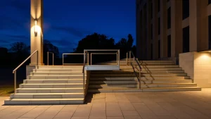 Αναβατόριο πλατφόρμας δίπλα σε σκαλιά εισόδου κτηρίου το σούρουπο