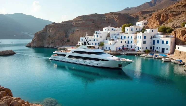 Small cruise ship anchored in a turquoise bay beside a whitewashed Greek island village