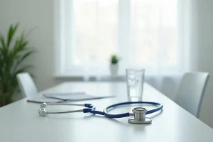 Γραφείο ιατρείου με στηθοσκόπιο και ποτήρι νερό