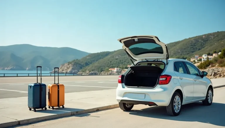 Small white hire car with an open boot and two suitcases beside a sunny Greek island road