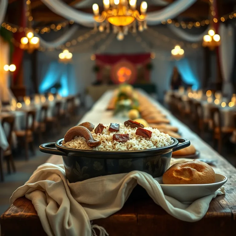 Γαμοπίλαφο σε κατσαρόλα πάνω σε τραπέζι γαμήλιου γλεντιού