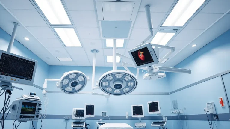 Αίθουσα καρδιοχειρουργικής με προβολείς και μόνιτορ